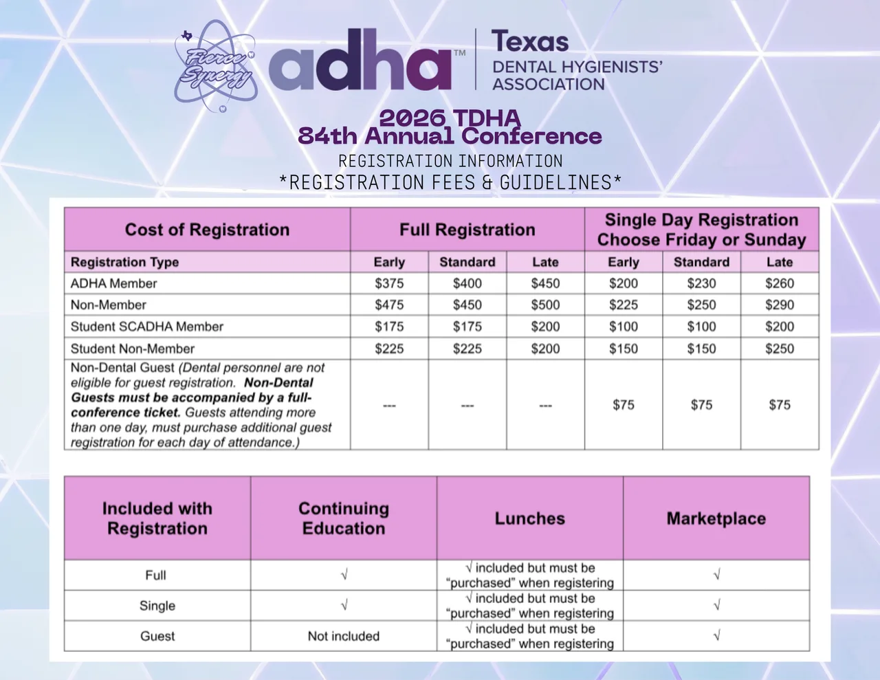 Table detailing 2026 TDHA 84th Annual Conference Registration Fees & Guidelines.