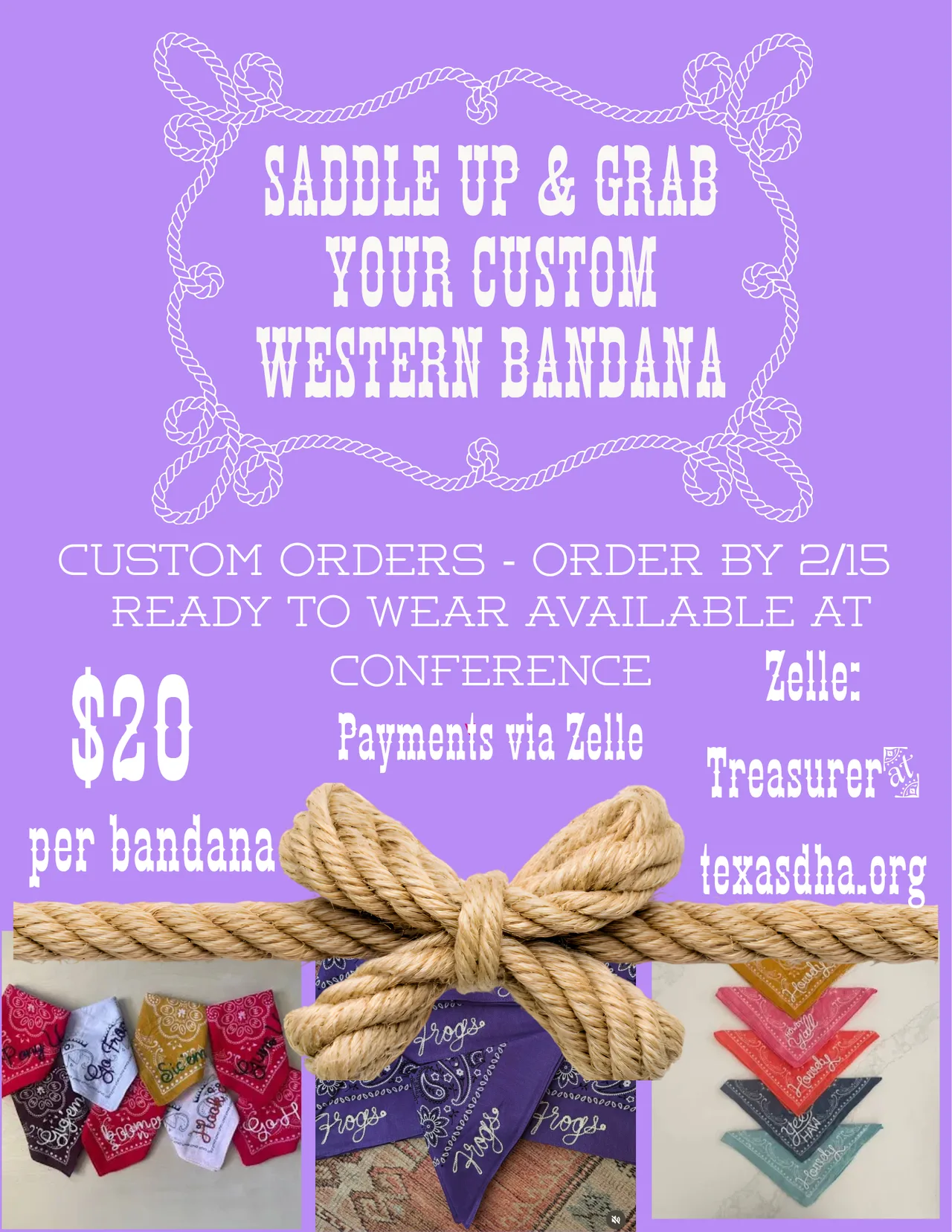Saddle Up & Grab Your Custom Western Bandana! $20 per bandana, payment via Zelle at: texasdha.org.