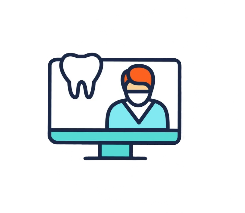 Illustrated dentist wearing mask beside tooth on monitor for dental telehealth.