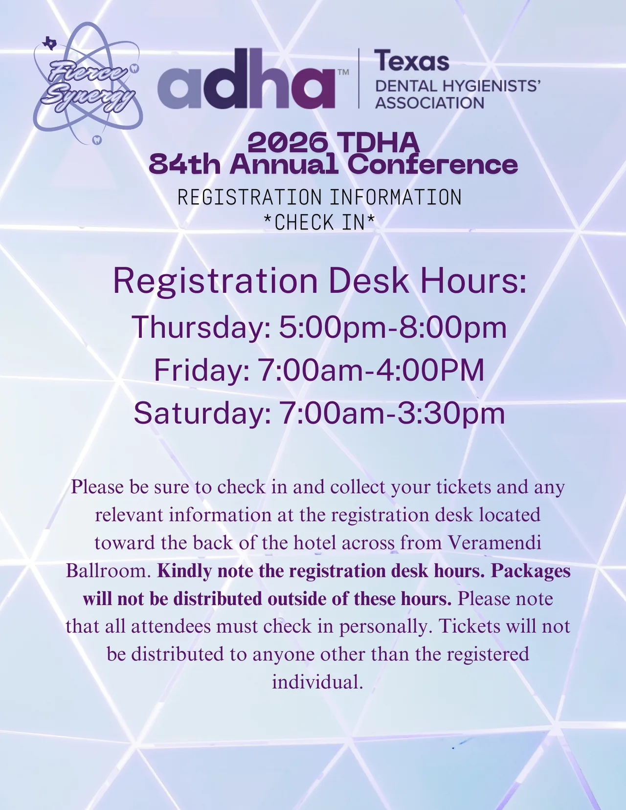 ADHA Texas Dental Hygienists' 2026 TDHA Conference registration desk hours.