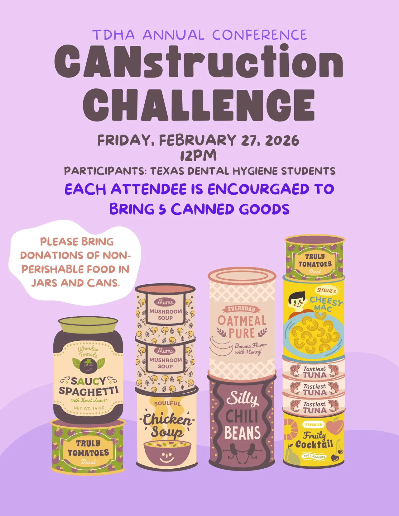 CANstruction Challenge poster: TDHA Annual Conference 2026, bring canned goods.