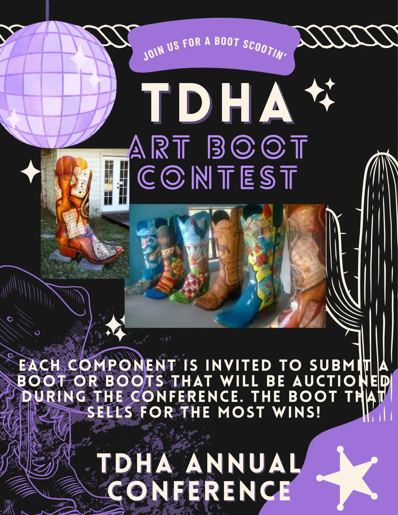 TDHA Art Boot Contest flyer, colorful boots for TDHA Annual Conference auction. Each component is invited to submit a boot or boots that will be auctioned during the conference for a chance to win a prize!