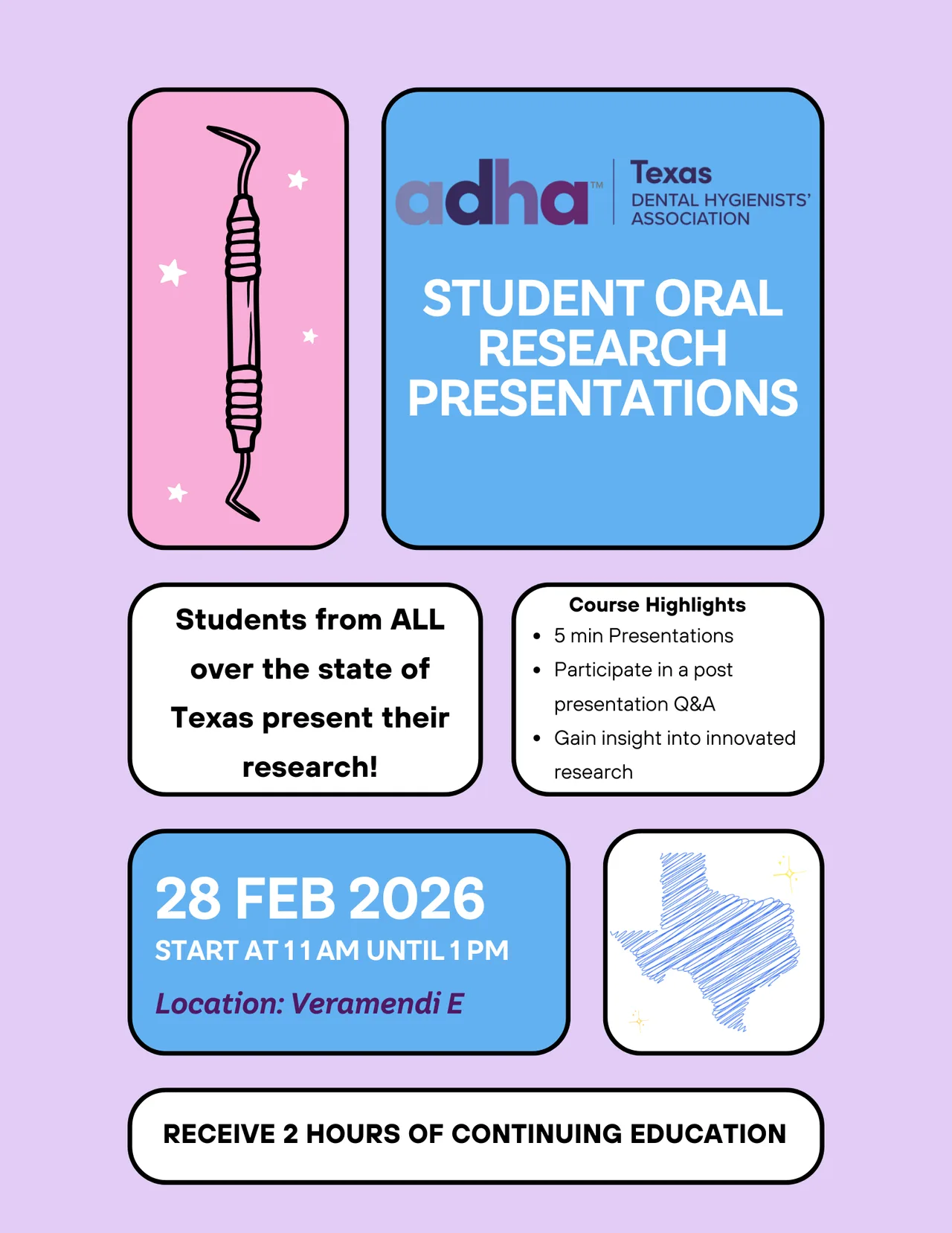 Student Oral Research Presentations poster at TDHA Annual Conference on 28 FEB 2026, continuing education.