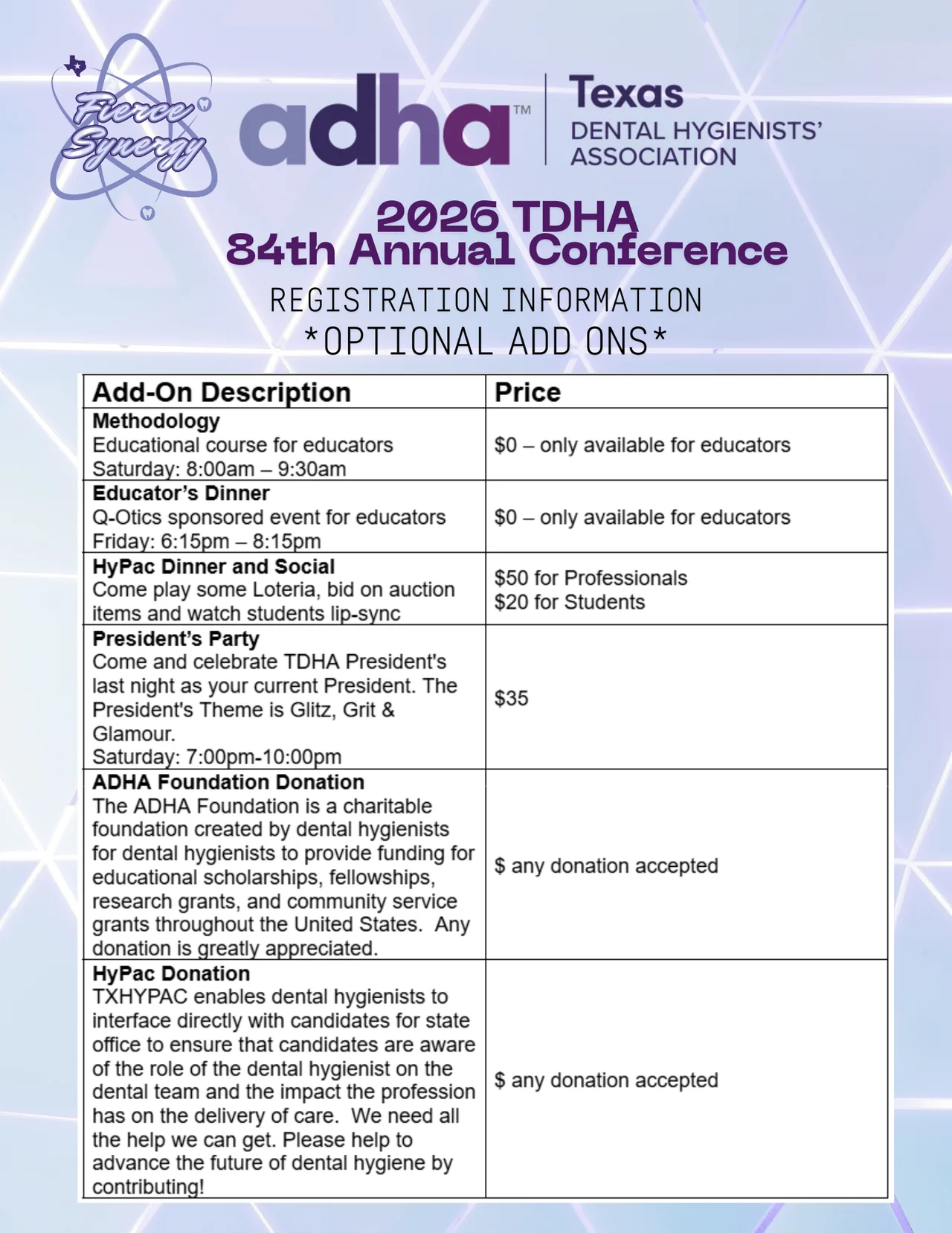 AC Mock Schedule and optional add on including prices and descriptions.