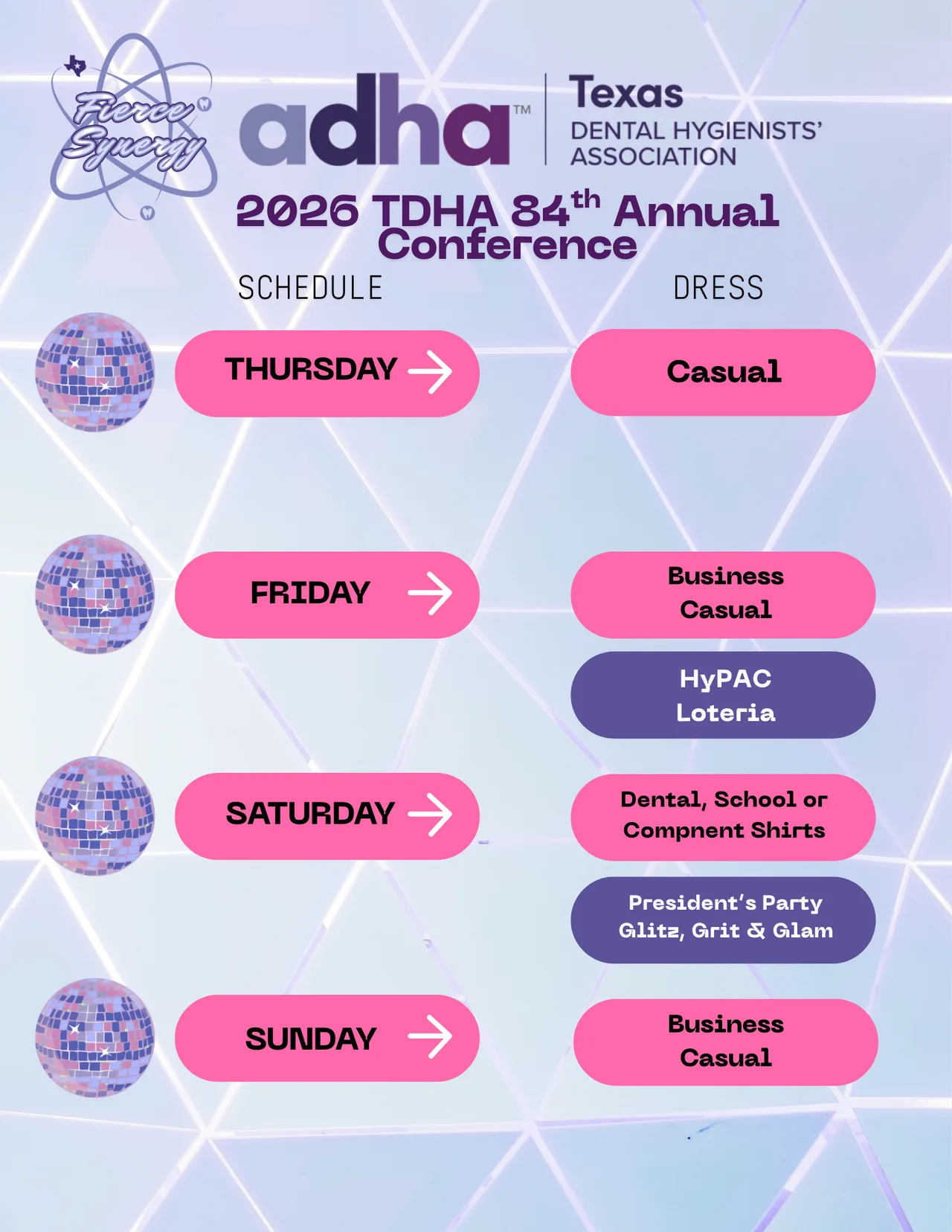 Texas Dental Hygienists' Association 2026 TDHA 84th Annual Conference schedule, dress code.