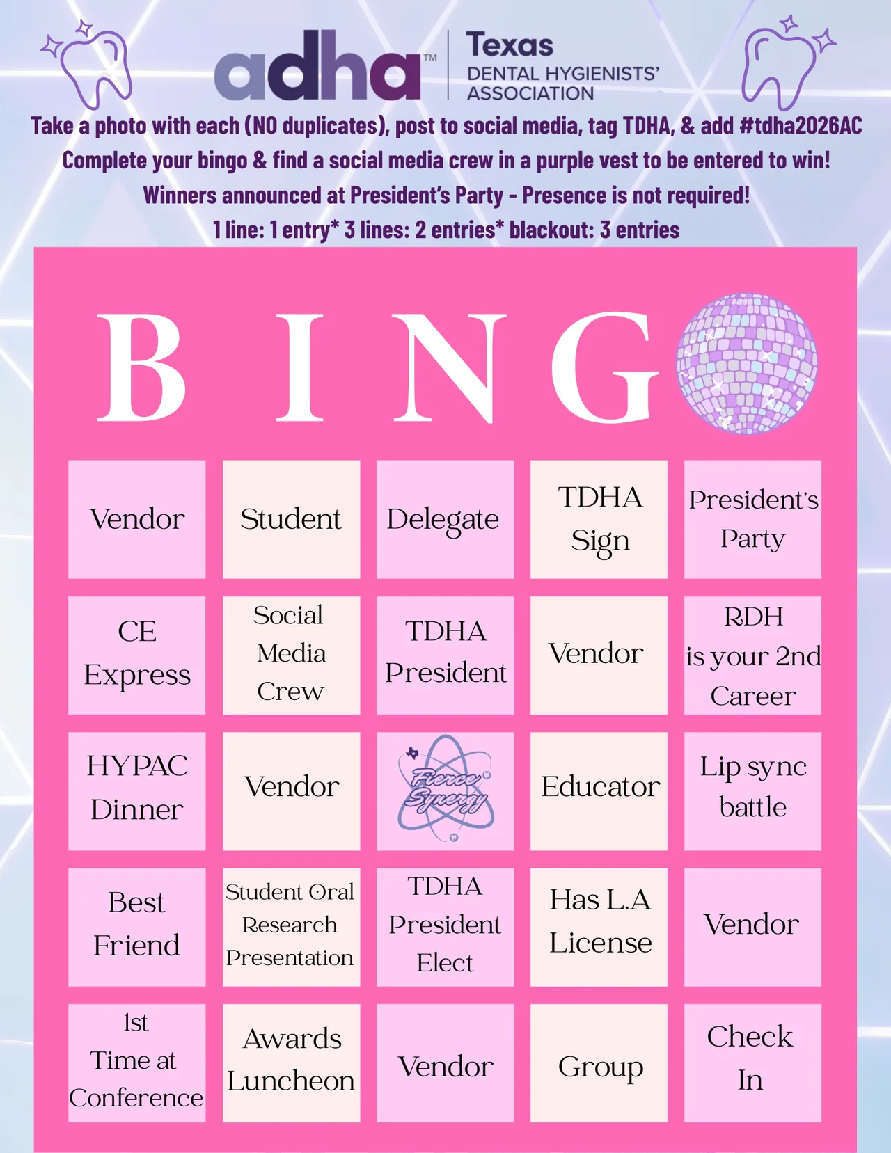Pink BINGO card for ADHA Texas Dental Hygienists Association activities.