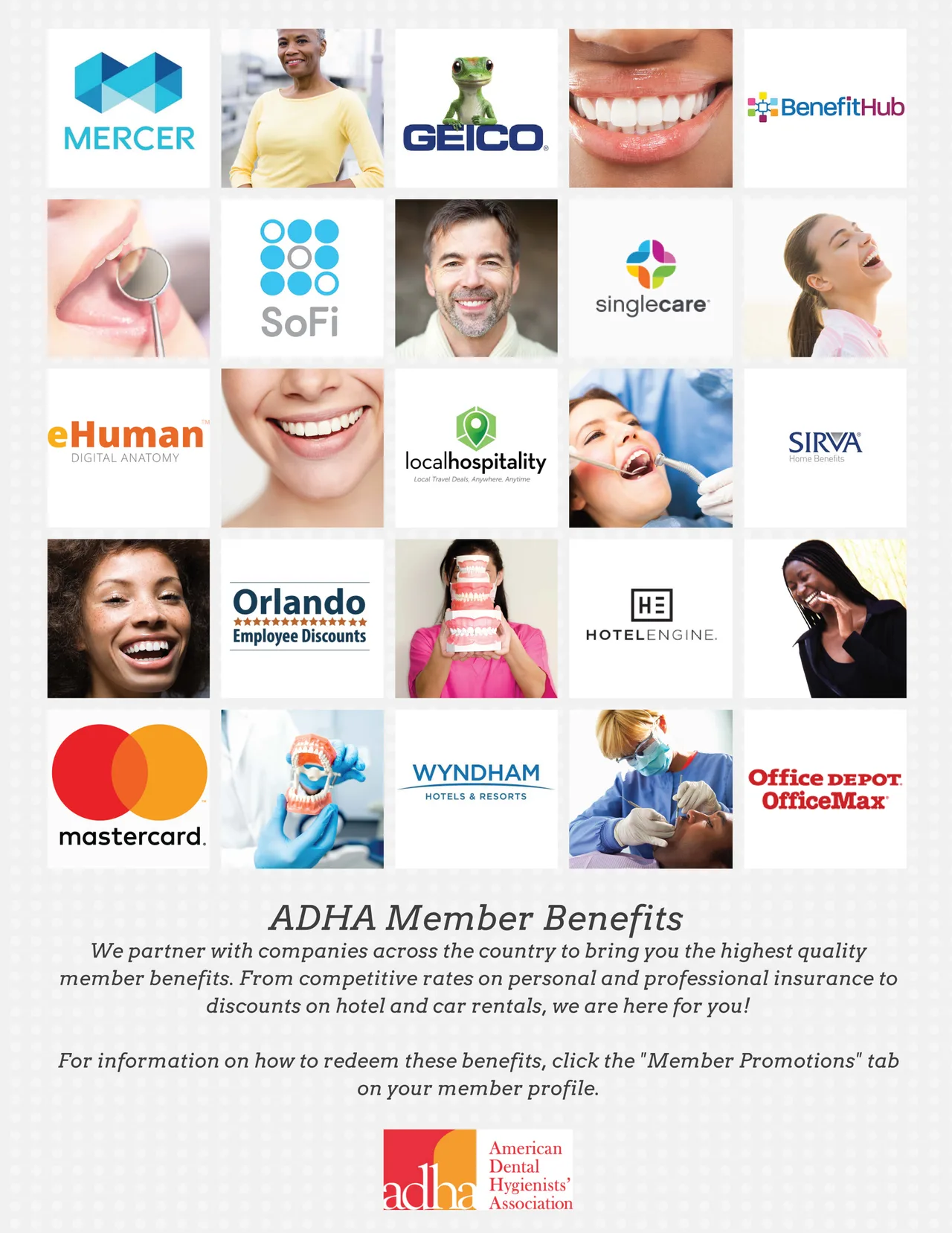 ADHA Member Benefits grid, partner logos enhancing professional advantages.