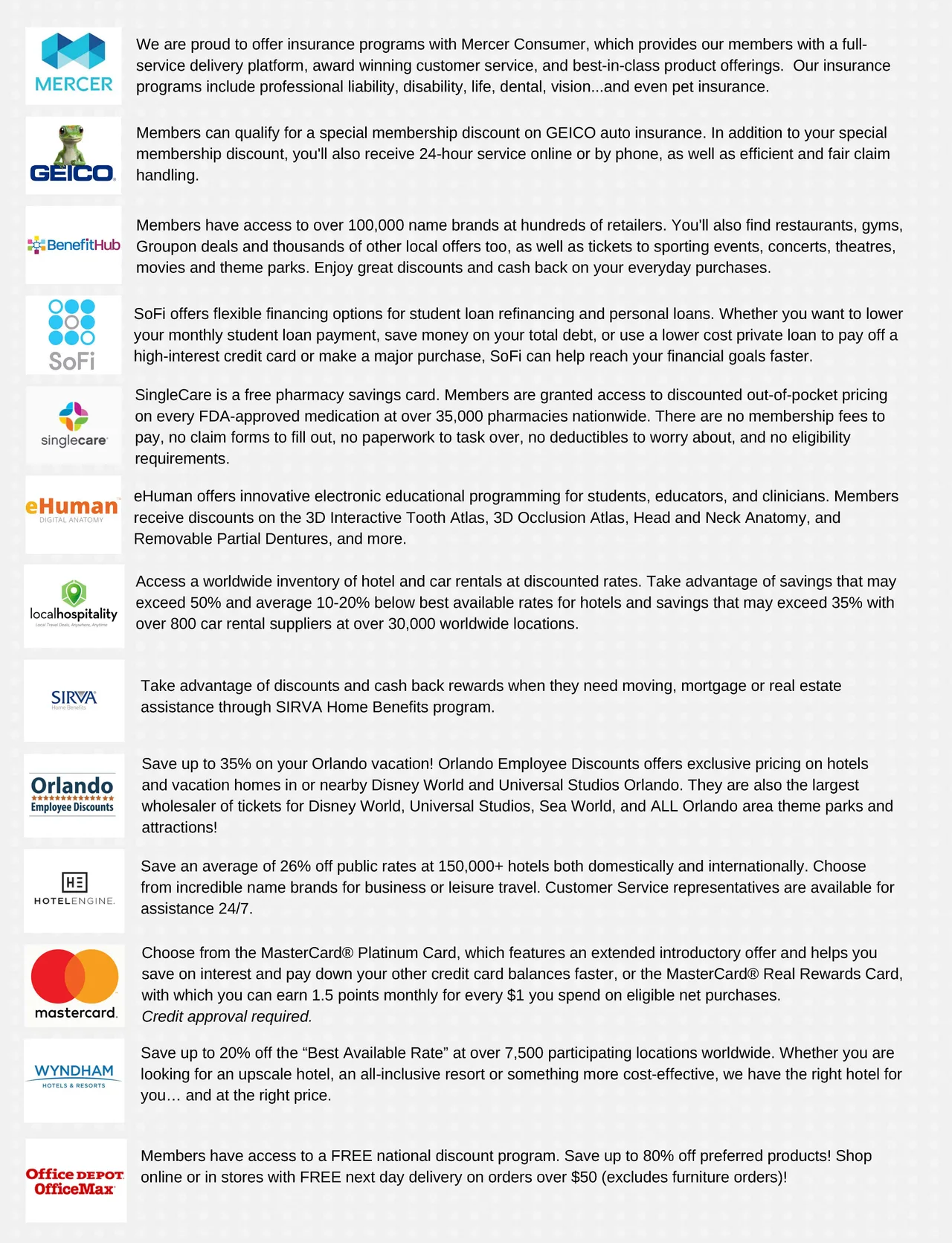 List of company logos, exclusive member benefits, discounts, and offers.