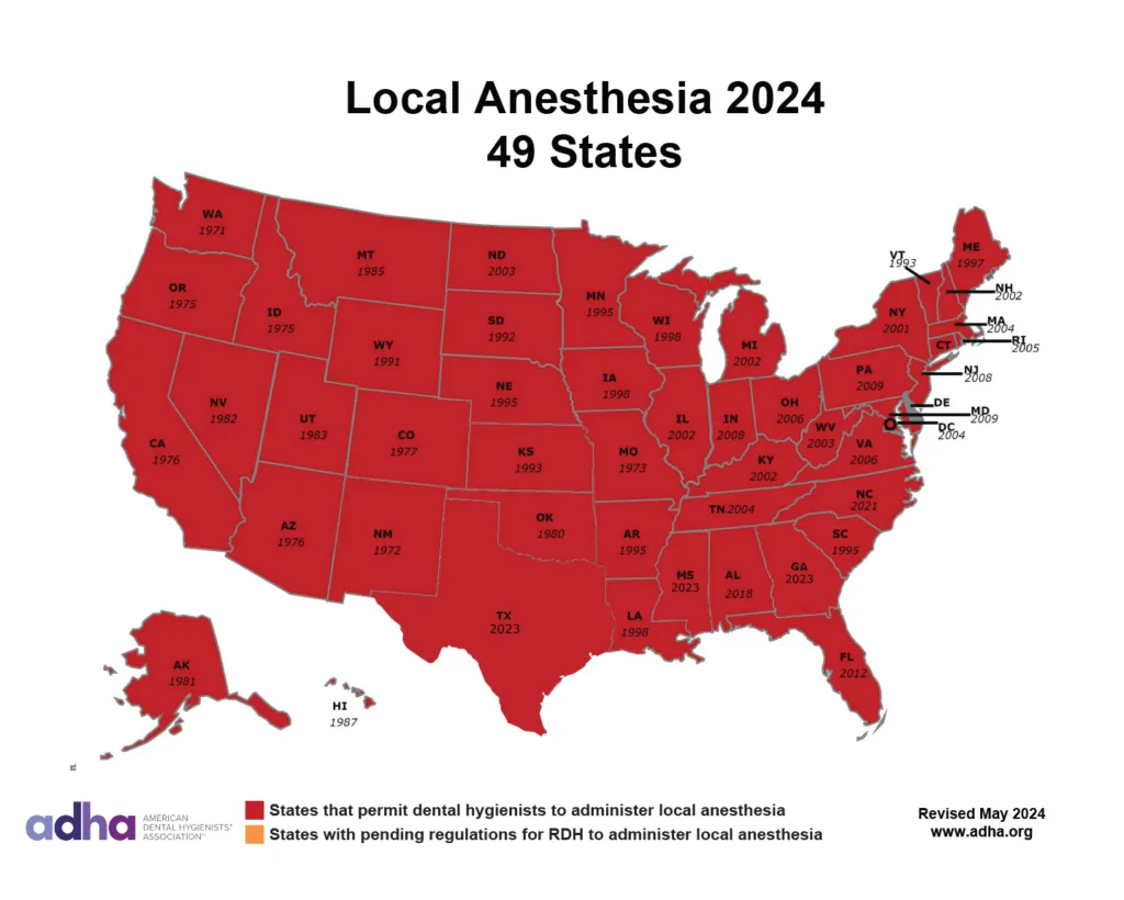 ADHA diagram of Local Anesthesia in 2024 including 49 states.